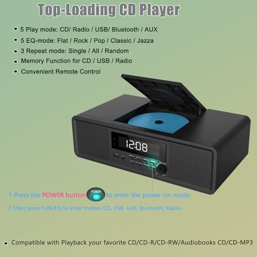 WISCENT Home Stereo System CD Player Boombox,Clear 20W RMS Sound System with FM Radio,Bluetooth,USB,MP3,AUX,Digital Dual Alarm Clock CD Players for Home - Thumbnail 4