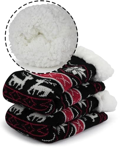 BenSorts Women's Slipper Socks with Grippers House Home Winter Warm Cozy Fuzzy Sherpa Non Slip Grips Socks Non Slip Comfy Soft Christmas Gift Christmas Black Red 2 Pairs - Thumbnail 3