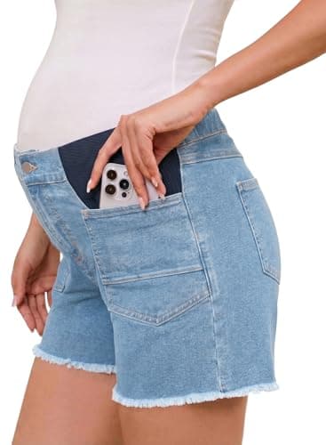 BLENCOT Maternity Jean Shorts Under Belly Pregnancy Trendy Casual Plus Size Frayed Hem Stretchy Shorts Denim Beau Blue L - Image 1