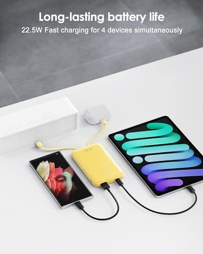 Qecvec Portable Charger 10000mAh, Cell Phone Portable Power Banks with 22.5W PD Fast Charging, Compact Phone Charger Built in Cable, Compatible with Apple, Samsung, Google, Motorola and More-Yellow - Thumbnail 4