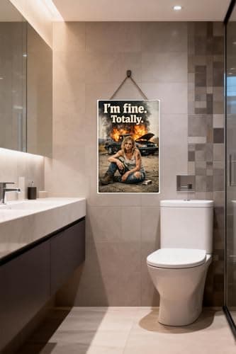 I'm Fine. Totally. Metal Sign - 8x12 Inch Vintage Tin Plaque with Humorous Girl & Burning Car Art, Perfect for Home or Office Decor, Pre-Drilled Holes for Easy Hanging - Thumbnail 2