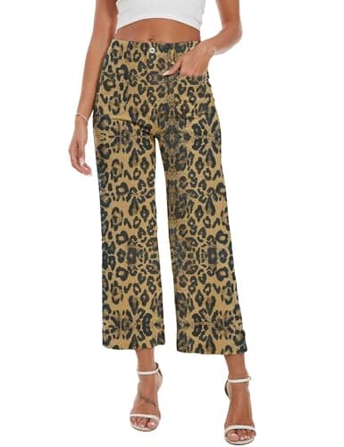 DAOAO Leopard Pants Women High Waisted Stretchy Wide Leg Jeans Woman Cropped Denim Fall Pants Trendy S - Image 1