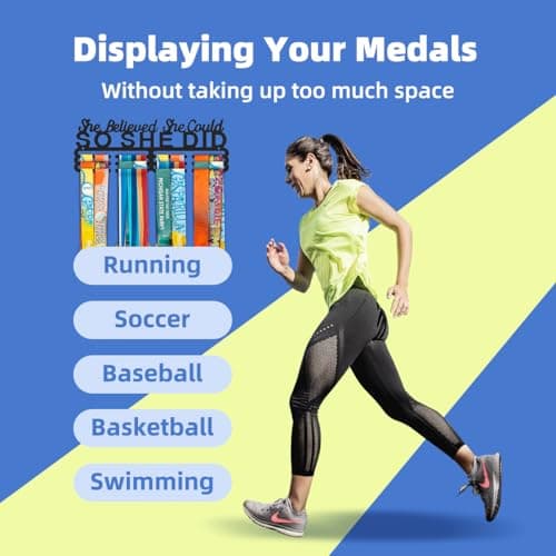 Dafftos Awards She Believed She Could So She Did Medal Display Hanger Holder Bib Ribbon Rack Organizer Awards Ribbon Wall Mount Easy to Assemble Fashion Store 60 Medal Holders for Runners 14 Inch - Thumbnail 6