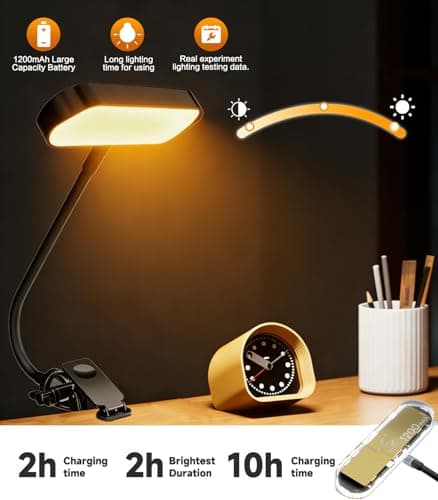 Jasput 2in1 LED Book Light and Desk Lamp, Clip On Reading Light for Bed & Books, 7.9IN Flexible Gooseneck Video Conference Light, 3 Color Modes Dimmable, Rechargeable Lamp for Laptop, Phone, Study - Thumbnail 2