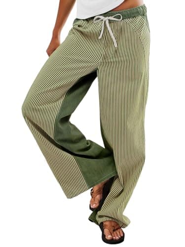 PEIHOT Low Rise Striped Pants for Women Pull On Drawstring Boho Wide Leg Jeans Trendy Green and White - Image 1