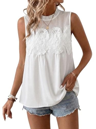Funlingo Lace-Detailed Blouses for Women Dressy Casual Crew Neck Lace Poplin Mesh Swing Top Tunic Babydoll Shirt Elegant Tank Tops White XS - Thumbnail 2