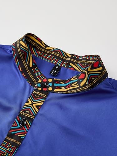 ZAFUL Men's Hipster African Tribal Graphic Patchwork Design Slim Fit Long Sleeve Button up Mandarin Collar Shirts (Blue Tribal Graphic L) - Thumbnail 2