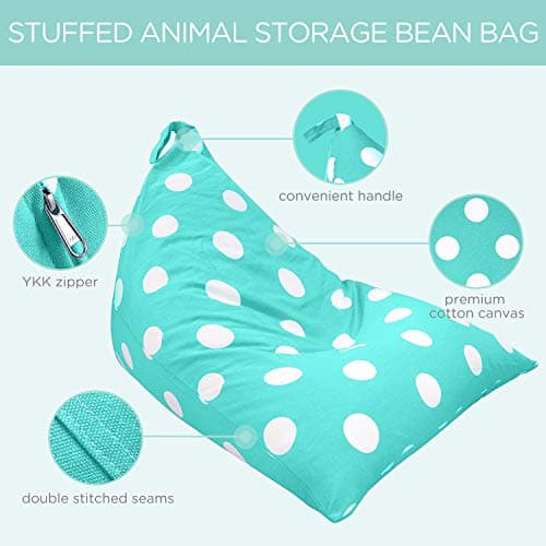 Aubliss Stuffed Animal Storage Bean Bag Chair Cover, 50"x 35" Extra Large Bean Bags for Kids & Adults, Beanbag Toy Storage for Boys Girls - Premium Cotton Canvas Aqua Dot - Thumbnail 3