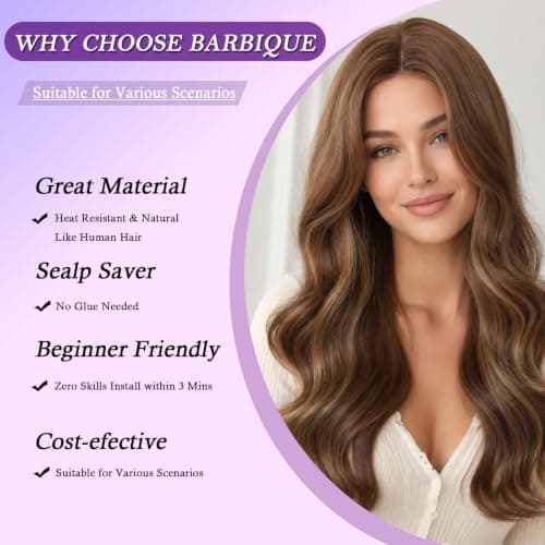 Barbique Highlight Brown 24 Inch Long Wavy Wig for Women, Synthetic Body Wave Lace Wig, Middle Part Natural Hairline Glueless Wig for Daily Wear - Thumbnail 4