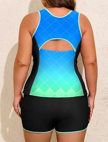 Swim Suits for Women 2026 Two Piece Bathing Suits Racerback Blouson Top with Boy Shorts Blue Green Gradient Large - Thumbnail 4