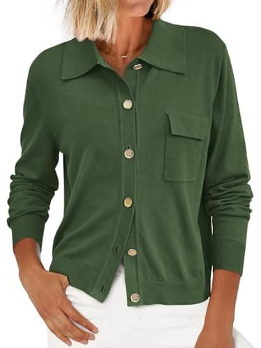 PRETTYGARDEN Long Sleeve Collar Knitted Button Down Shirts for Women Plus Size Tops Womens Cardigan Sweaters with Pockets (Army Green, Large) - Image 1