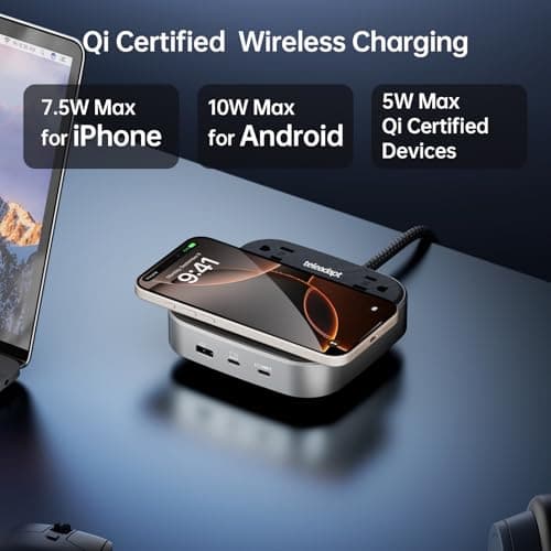 Teleadapt GaN Multi Charging Station 67W, 6 in 1 iPhone Charging Station with USB Ports, Wireless Charging, 2× AC Outlets, Desktop/Bedside/Nightstand Power Station, Hotel-Grade Design, Grey - Thumbnail 4