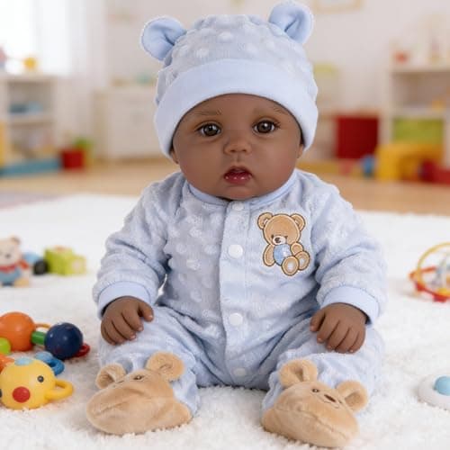 EKOKIZ 18 Inch Realistic Reborn Baby Doll Boy - Black Lifelike Newborn Doll with Blue Bear Outfit & Plush Hat, Weighted Soft Body African American Doll for Kids Age 3+, Heartwarming Gift Set - Image 1