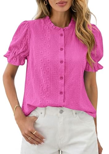 PRETTYGARDEN Womens Puff Short Sleeve Tops 2026 Summer Spring Button Down Boho Embroidered Cute Blouse Dressy Casual Shirts (Rose Red,X-Large) - Image 1