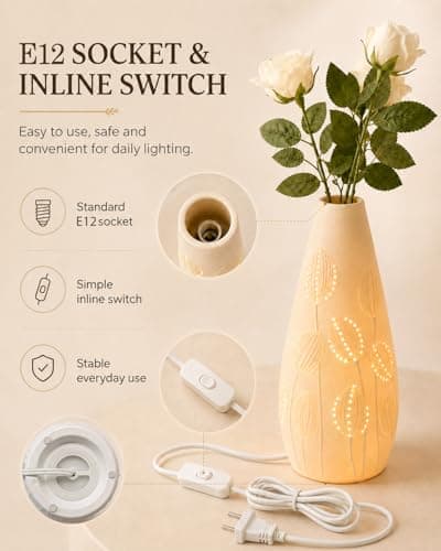TACAHE Ceramic Vase Table Lamp, 2700K Bulb & 3 Artificial Flowers Included, E12 Socket, Inline Switch, Handmade Openwork Craft, Ambient Light for Living Room Bedroom - Tulip 11" - Thumbnail 4