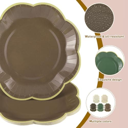 NatNarr 60 Pcs Woodland Baby Shower Party Plates, 7 Inch Scalloped Brown and Sage Green Paper Plates Forest Theme Cake Dessert Plate for Safari Baby Shower Decorations, Birthday - Thumbnail 3