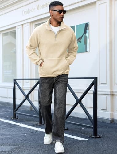 ZAFUL Men's Fluffy Polar Fleece Sweatshirt Embroidery Half Zip Unisex Hoodie Apricot M - Thumbnail 2