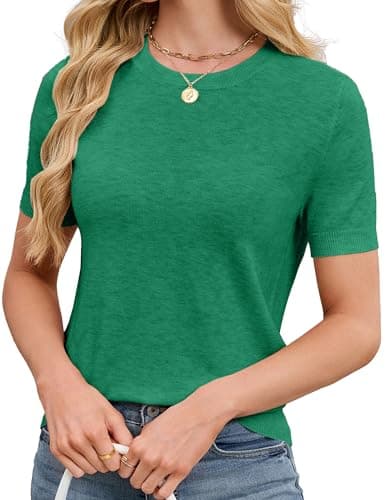 SunnyMelody Womens Short Sleeve Sweater Tops Wool Knit Cashmere Lightweight Cropped Crew Neck Elastic Hem Teacher Office Blouses Shirts Classic Work Casual Spring 2026 Jade Green S - Image 1