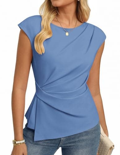 GRACE KARIN Womens 2026 Spring Short Sleeve Tops, Dressy Casual Peplum Shirts Outfit, Tunic Blouses Trendy Fashion Clothes Blue XL - Image 1