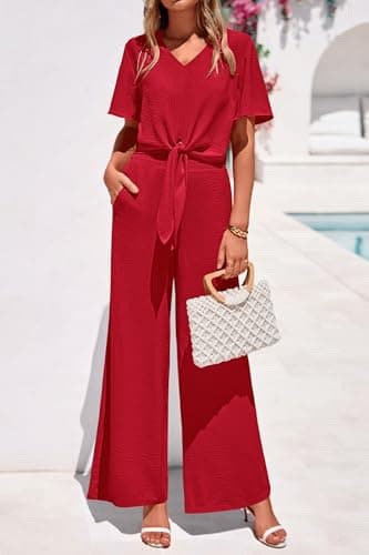 PRETTYGARDEN Women 2 Piece Summer Outfits Short Sleeve Strappy Top Wide Leg Pants Tracksuit Lounge Sets Beach Clothes(Red,Small) - Thumbnail 2
