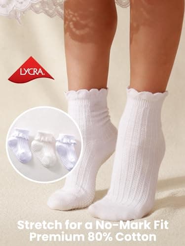 ALLOVIN 6 Pairs Non-Slip Ruffle Lace Socks for Baby & Toddler Girls – Soft Cotton Grip Socks | Pure White/Off-White | 6-12 Months - Thumbnail 6