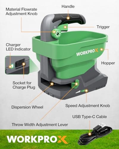 WORKPROX Battery Powered Fertilizer Spreader, 7.2V Seed Spreader for Salt, De-Icer, Earth Food, Rechargeable Grass Seed Spreader with 8-Level Settings and Holds up to 6458 sq.ft. of Product - Thumbnail 2