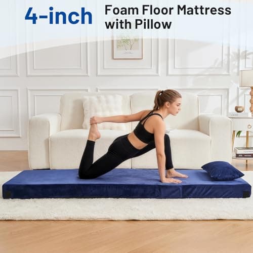 Easthome Memory Foam Camping Mattress Pad with Pillow - Extra Thick 4 Inch Sleeping Pad for Camping, Waterproof Roll Up Single Mattress Topper Bed for Adults Guest Car Tent, Travel Bag, Navy Blue - Thumbnail 2