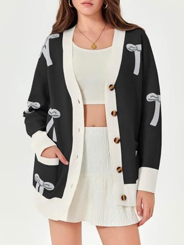 Saodimallsu Womens Oversized Cardigan Sweaters Bow Printed Button V Neck Long Sleeve Loose Knit Fall Trendy Coats Black - Thumbnail 4
