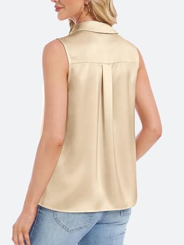 Funlingo Satin Shirts for Women Silk Sleeveless Button Down Blouse 2026 Fashion Collared V Neck Tops Loose Fit Elegant Summer Clothes Beige L - Thumbnail 5