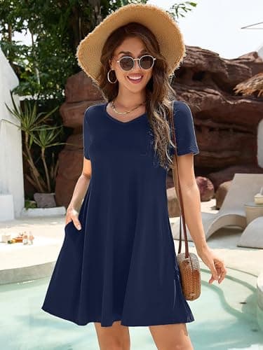 KORSIS Dresses for Women Casual T-Shirt Summer Short Sleeve A Line Sundress Swing Flowy Work Vacation Sundress with Pockets Navy Blue S - Thumbnail 2