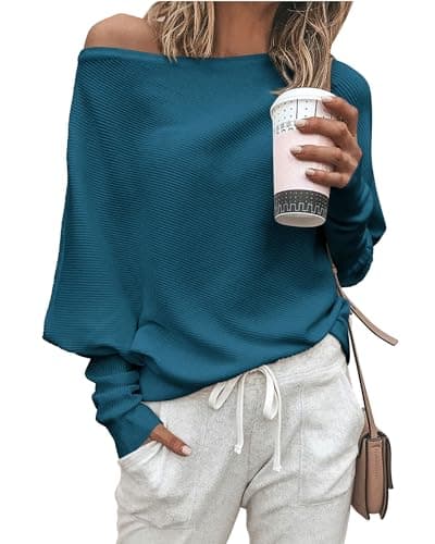 Zenlonr Women's Fall Sweaters 2026 Casual Long Batwing Sleeve Loose Off Shoulder Knit Pullovers Jumper Tops(Grey Blue,Small) - Image 1