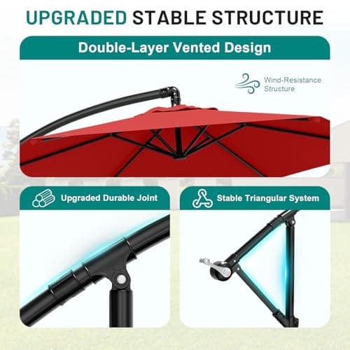 AreShark 10FT Patio Outdoor Umbrella, Offset Patio Umbrella Cantilever Umbrella, 6 Sturdy Ribs, Easy Adjustment for Garden Market Pool with Cross Base (Red) - Thumbnail 3