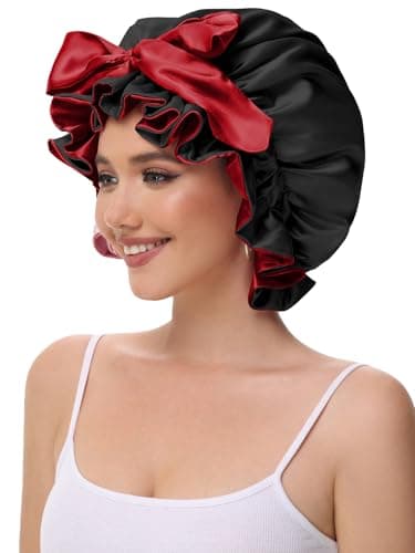 Vettres Hair Bonnet for Sleeping, Satin Silk Shower Cap Women 2026 with Tie Band and Adjustable Straps Head Wrap for Curly Hair Black F - Thumbnail 5