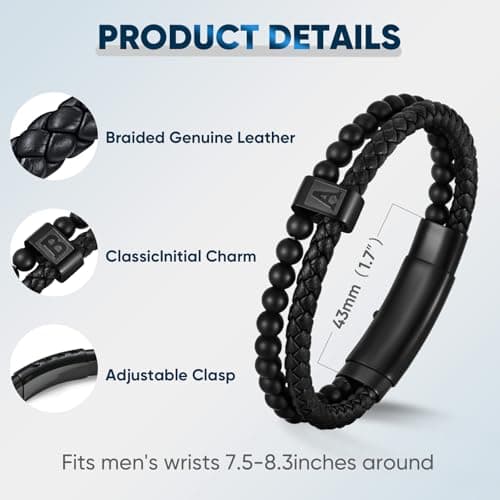 Initial Bracelet for Men Letter Handmade Natural Agate Stone Beaded Braided Black Leather Adjustable Cuff Meaningful Bracelets , Jewelry Gifts, Father's Day Gifts Matching Couple, 7.5-8.3 Inches - Thumbnail 5