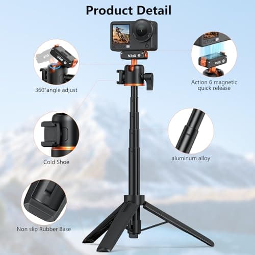 VRIG Action Camera Selfie Stick Tripod for DJI Osmo Nano/Action 6, Dual-Direction Magnetic Quick Release Adapter 360° Ball Head & Cold Shoe Mount, 8 to 21 inches Extendable Rod, AC-40N - Thumbnail 2