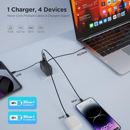 FlexTurtle【Ultra-Compact】 4 in 1Retractable Wall Charger with Dual Cables(3.28ft), Retractable Phone Charger Wall Plug with 2 USB Ports, 35W Retractable Charger for iPhone 17/16/15/14/13, iPad(Black) - Thumbnail 2