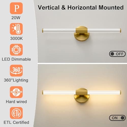 LED Bathroom Light Fixtures, Gold Vanity Lights for Bathroom, 360° Full Lighting Dimmable LED 23 inch Vanity Light Bar Over Mirror, Hardwired Modern Wall Sconce Warm White for Bedroom Living Room - Thumbnail 5