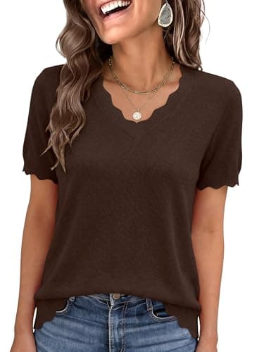 ANRABESS Short Sleeve Sweater for Women V Neck Ribbed Knit Lightweight Sweaters Top 2026 Summer Business Casual Outfits X-Large Coffee - Image 1