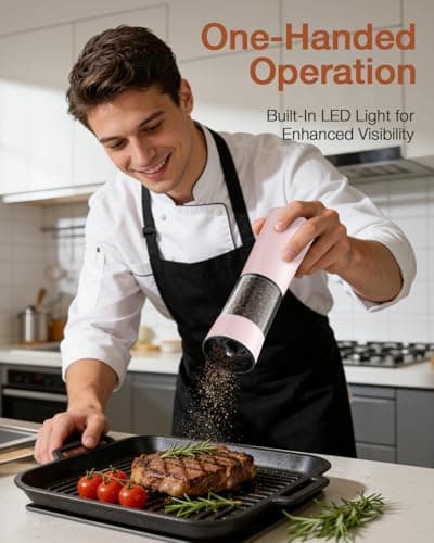 Gravity Electric Salt and Pepper Grinder Set 2-Pack, USB-C Rechargeable with LED Light, Automatic Stainless Steel Mills for Kitchen, BBQ, Dining Table & Gifts - Petal Pink - Thumbnail 6