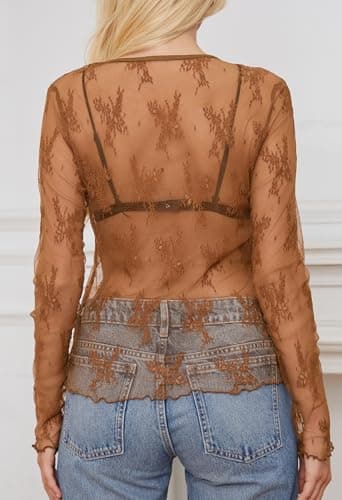 MEROKEETY Womens Long Sleeve Lace Sheer Mesh Top 2025 Crewneck Sexy Y2k See Through Going Out Blouse Shirts, Brown, X-Large - Thumbnail 3