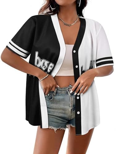 Baseball Shirt for Women Baseball Jersey Button Down V Neck T-Shirt Game Day Fans Graphic Short Sleeve Hawaiian Tee Tops Black - Image 1