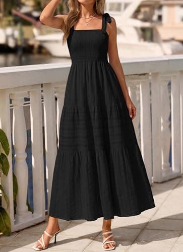 BTFBM Women's 2026 Spring Boho Spaghetti Strap Dress Casual Sleeveless Smocked A Line Beach Sundress Long Maxi Dresses(Black, X-Large) - Thumbnail 5