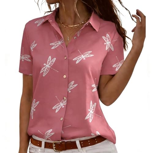 Chicwave Women's Short Sleeve Button Down Shirt, Collared V Neck Floral Print Blouse, Lightweight Business Casual Top for Office Work, Travel, Vacation, Summer, Pink - Thumbnail 4