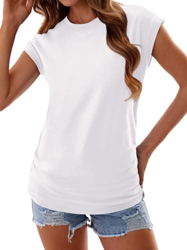 GKBK Womens T Shirts O Neck Short Cap Sleeve Cotton Tops Summer Ruched Trendy Basic Tee Shirt White XL - Thumbnail 5