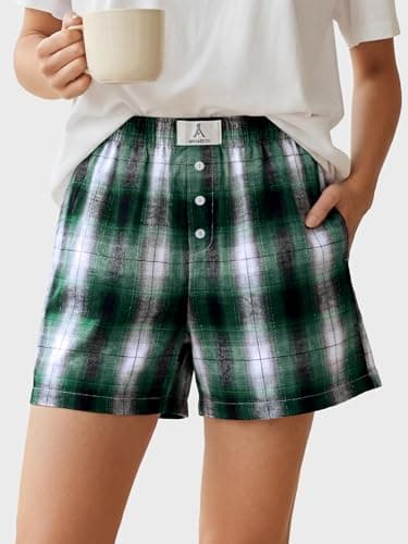 ANRABESS Shorts for Women 2026 Summer Casual Lounge Pajama Sleep Gingham Boxer Shorts Soft Comfy Beach Pj Bottoms Pockets Green Black Plaid X-Large - Thumbnail 4
