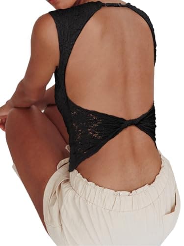 REORIA Women's Summer Sexy Open Back High Neck Sleeveless Tank Top Double Lined Y2k Lace Twist Backless Crop Tops Black XX-Large - Thumbnail 3