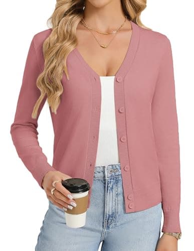 GRACE KARIN Pink Cardigan Sweaters for Women Lightweight Button Up Spring Cardigans Trendy Summer Outfits Knit Shrug XL - Image 1