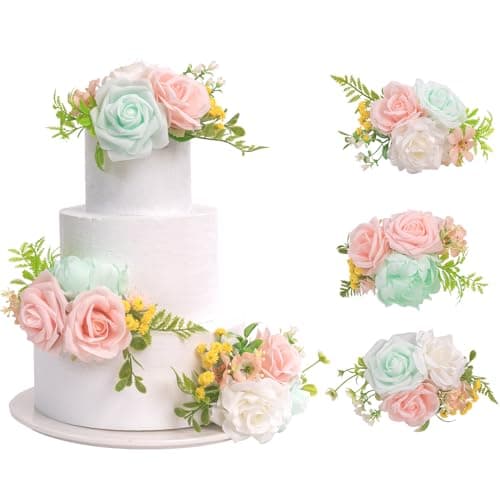 TINGE TIME 3Pcs Pre-made Cake Toppers，Silk Artificial Flowers Decor，Cake Decorations for Weddings, Birthdays, Party,Baby Shower,Celebration (Mint Green and Pink) - Thumbnail 2