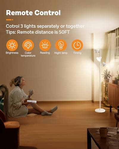 SIBRILLE LED Floor Lamp, 36W Modern Floor Lamp with Remote & Touch Control, 4 Color Temperatures, Standing Lamp with 3 Rotatable Lights, Floor Lamps for Living Room, Bedroom, Office - Thumbnail 4