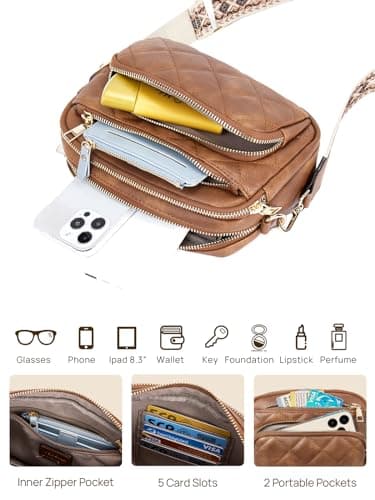 Telena Crossbody Bags for Women Small Crossbody Purses Quilted Vegan Leather with Guitar Strap Beige with Brown - Thumbnail 4